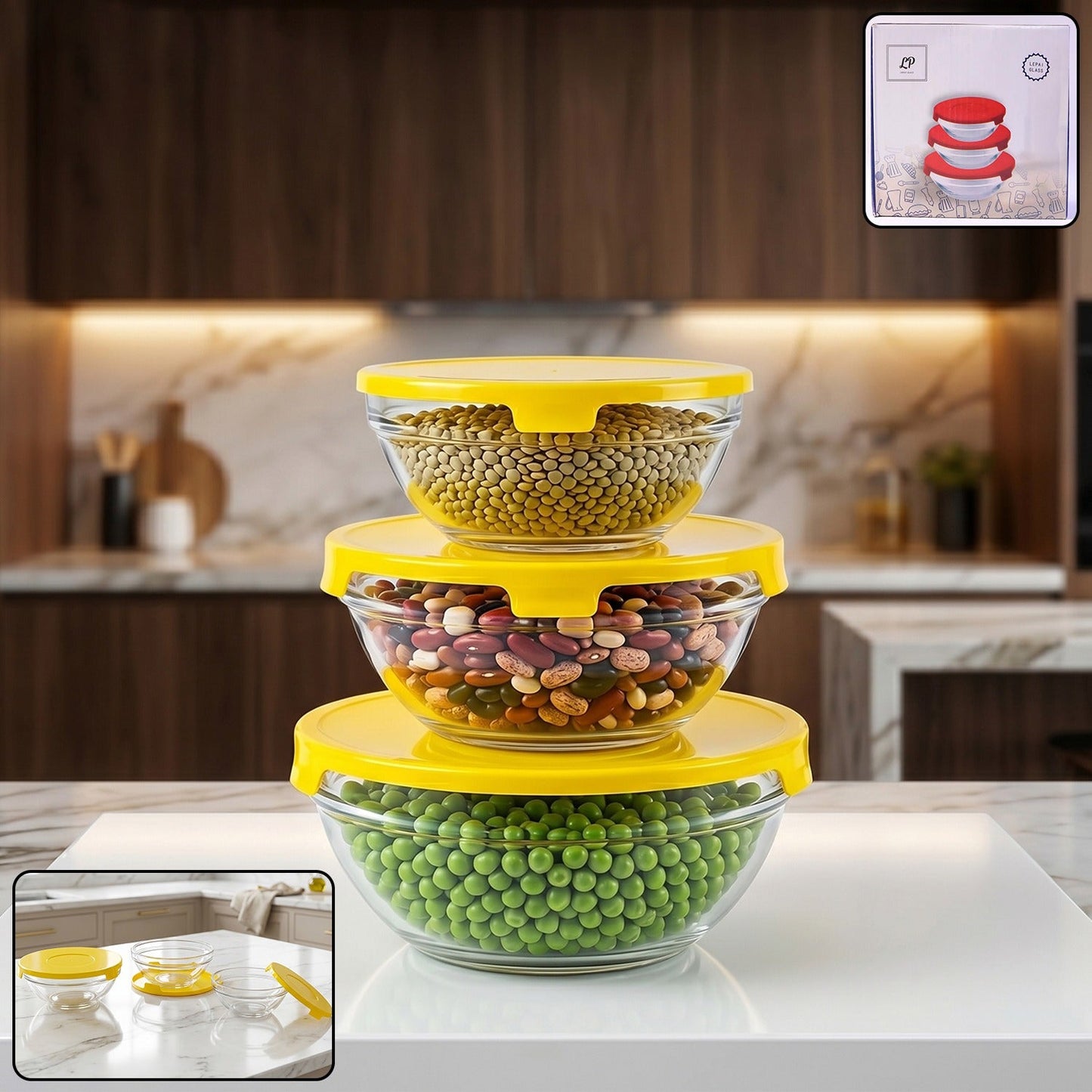 Wukusy glass bowl set with lids for versatile kitchen storage and serving, featuring six clear glass bowls with matching lids.