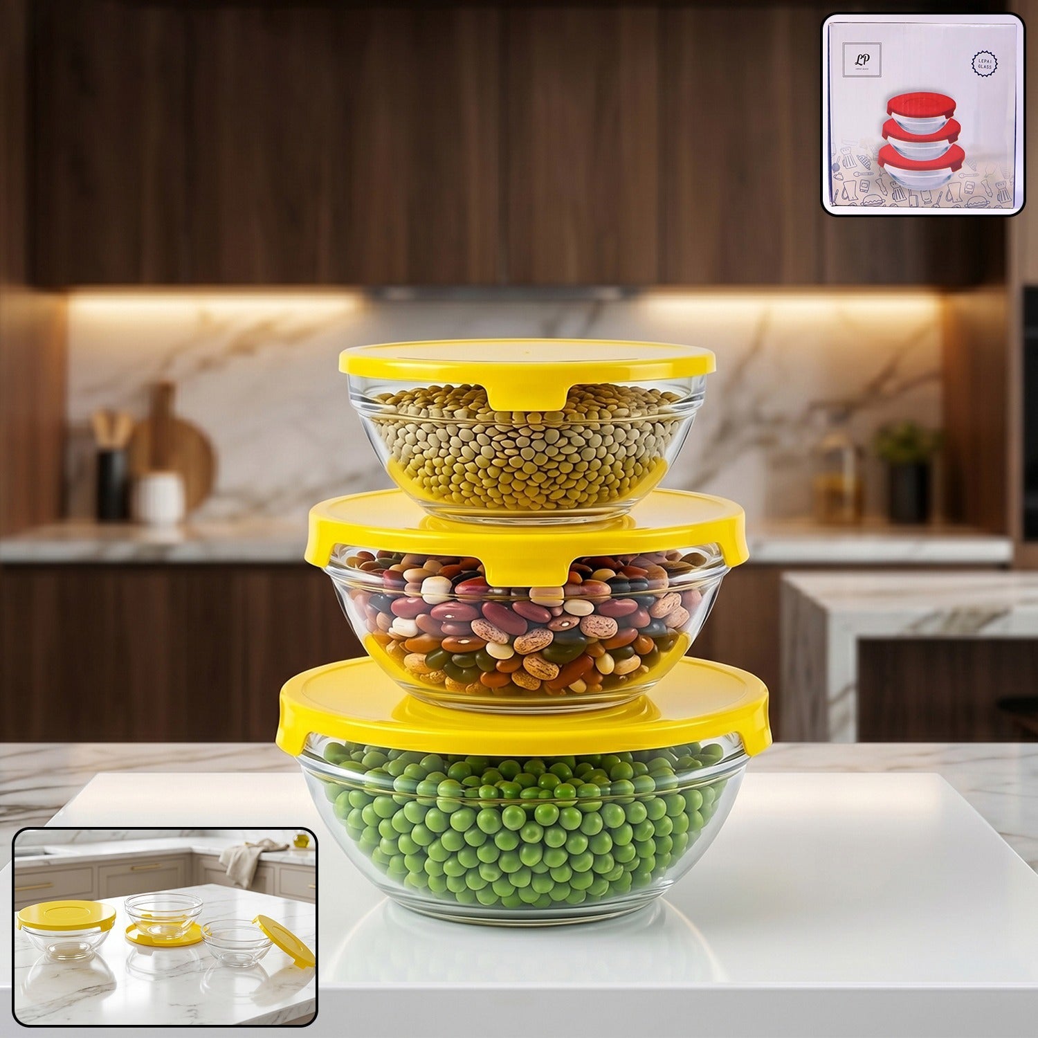 Wukusy glass bowl set with lids for versatile kitchen storage and serving, featuring six clear glass bowls with matching lids.