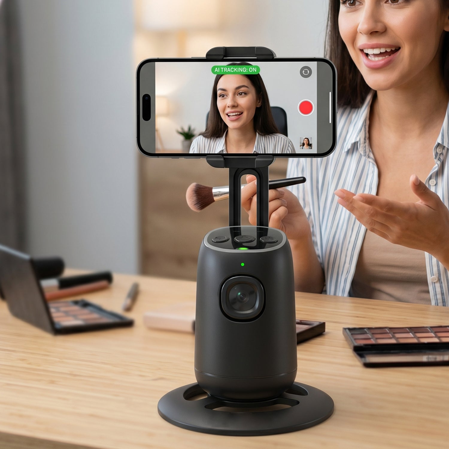 Wukusy Smart AI auto face tracking mobile holder mounted on a car dashboard, holding a smartphone securely for hands-free use.