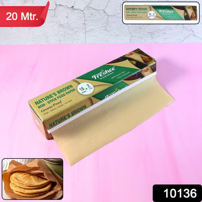 Wukusy Freshee Natures Brown non-stick food paper roll, 20 meters total, used for baking and food wrapping in kitchen.