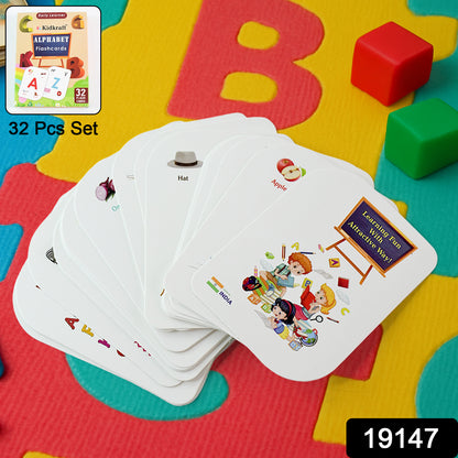 Wukusy Kidkraft Early Learner 32-piece alphabet flash cards set for kids, featuring colorful letter illustrations on white cards.
