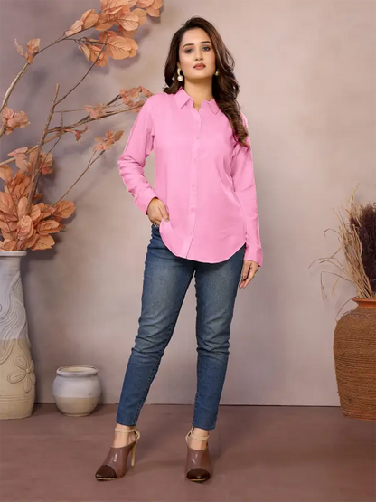 Golden pure viscose women's shirt with a collared neck, hip length, and half sleeves by Ekom, shown in the image.