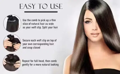 Natural black straight synthetic hair extensions, 24-inch, 5 clip set by Ekom, displayed in a bathroom setting.