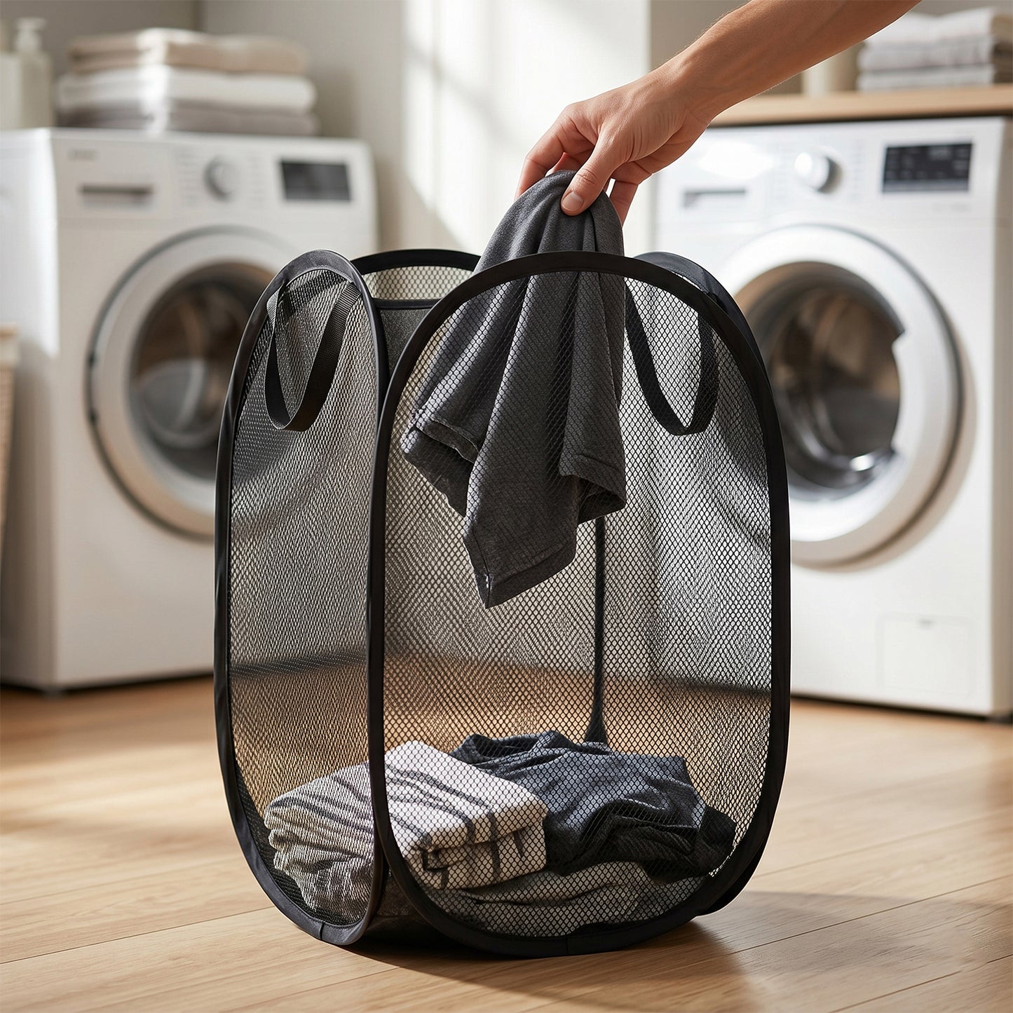 Wukusy foldable mesh laundry basket storage hamper, 34x34x57 cm, with breathable mesh design and sturdy handles for easy carrying.