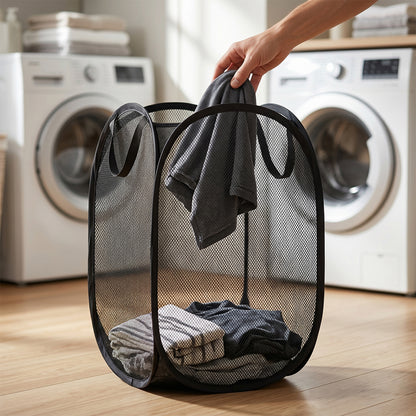 Wukusy foldable mesh laundry basket storage hamper, 34x34x57 cm, with breathable mesh design and sturdy handles for easy carrying.