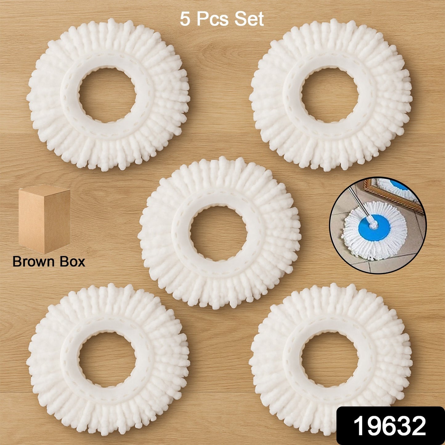 Wukusy microfiber spin mop refill head with 360-degree rotating design, shown in a set of five for home cleaning tasks.