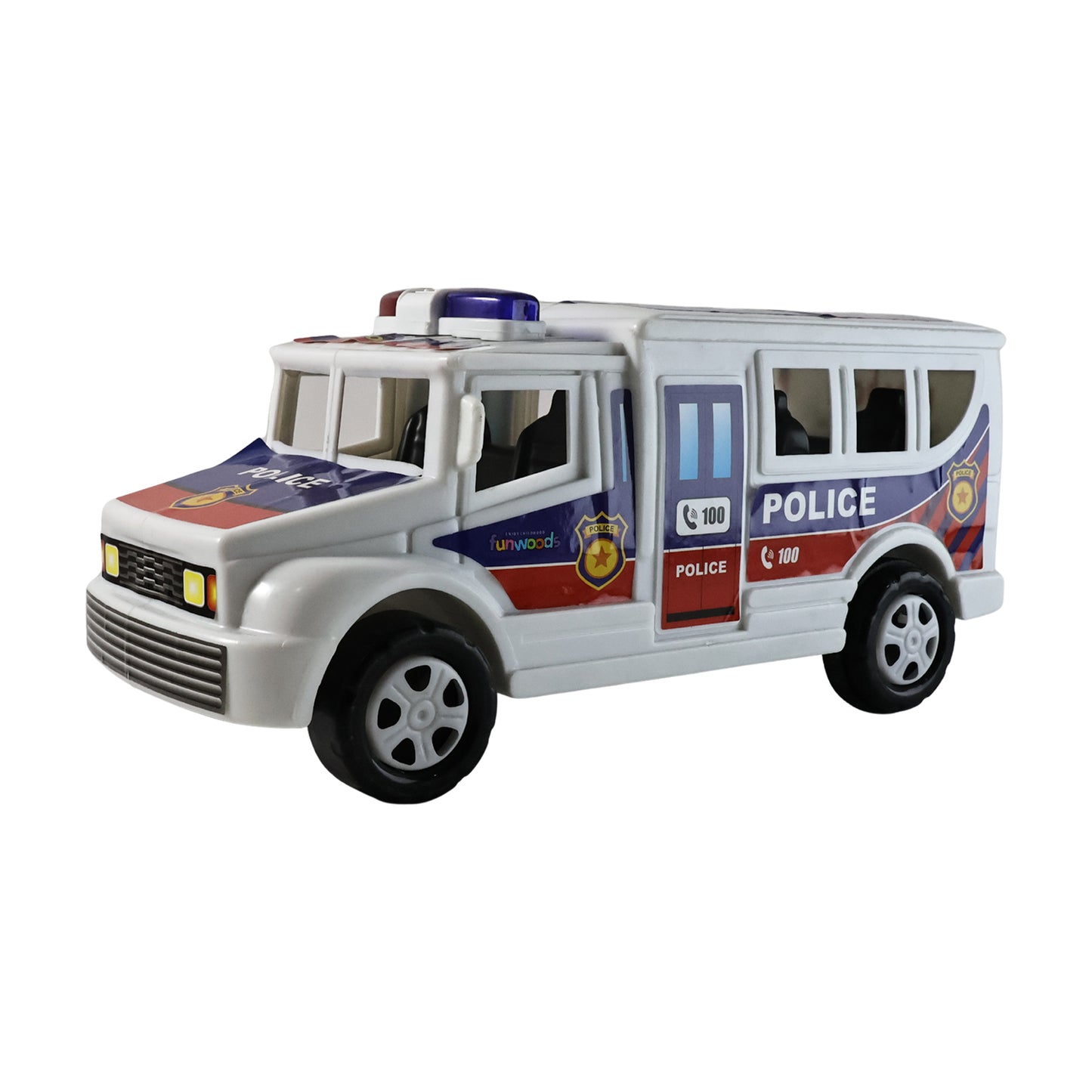 Wukusy Funwoods police van toy with bright police decals and windows, ideal for children's pretend play.