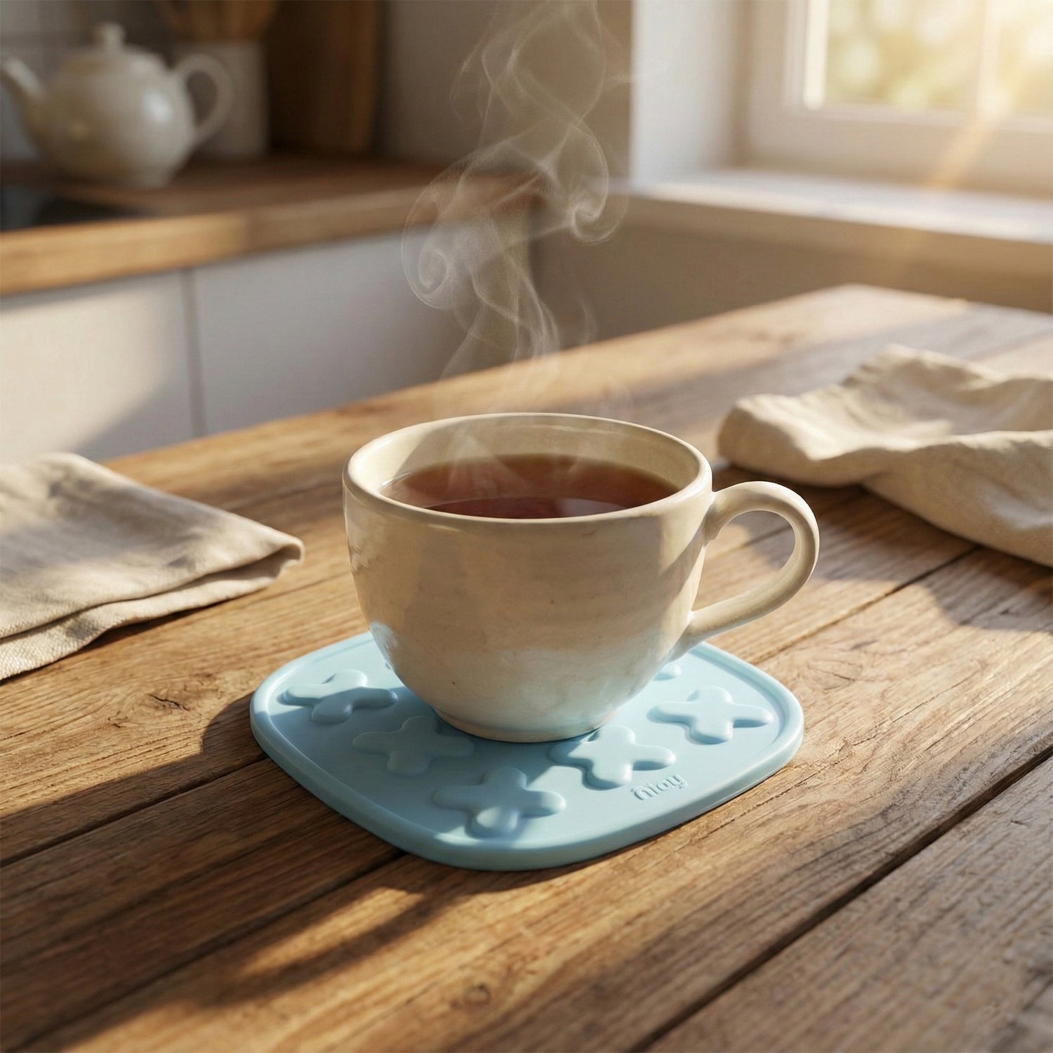 Wukusy heat resistant multipurpose cup coaster and hot pot pad set with two silicone pads for protecting surfaces.