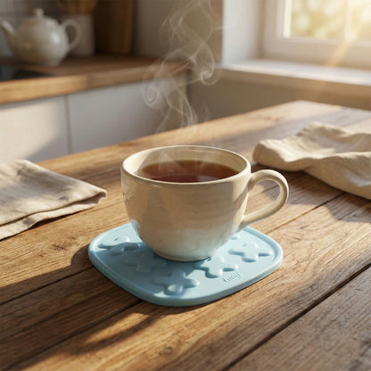 Wukusy heat resistant multipurpose cup coaster and hot pot pad set with two silicone pads for protecting surfaces.