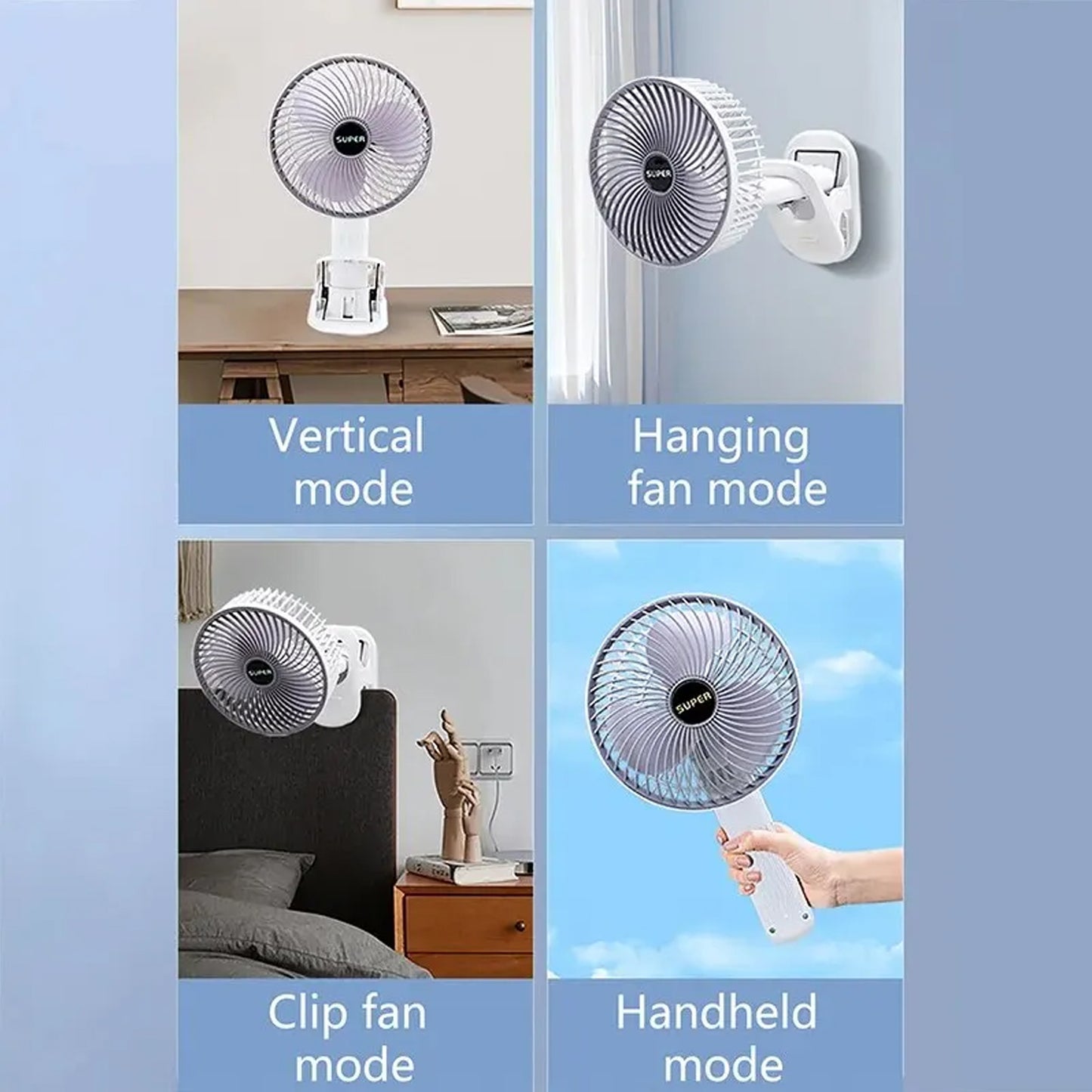 Wukusy multifunctional USB desk fan clipped onto a surface, compact home improvement fan with brown box packaging.