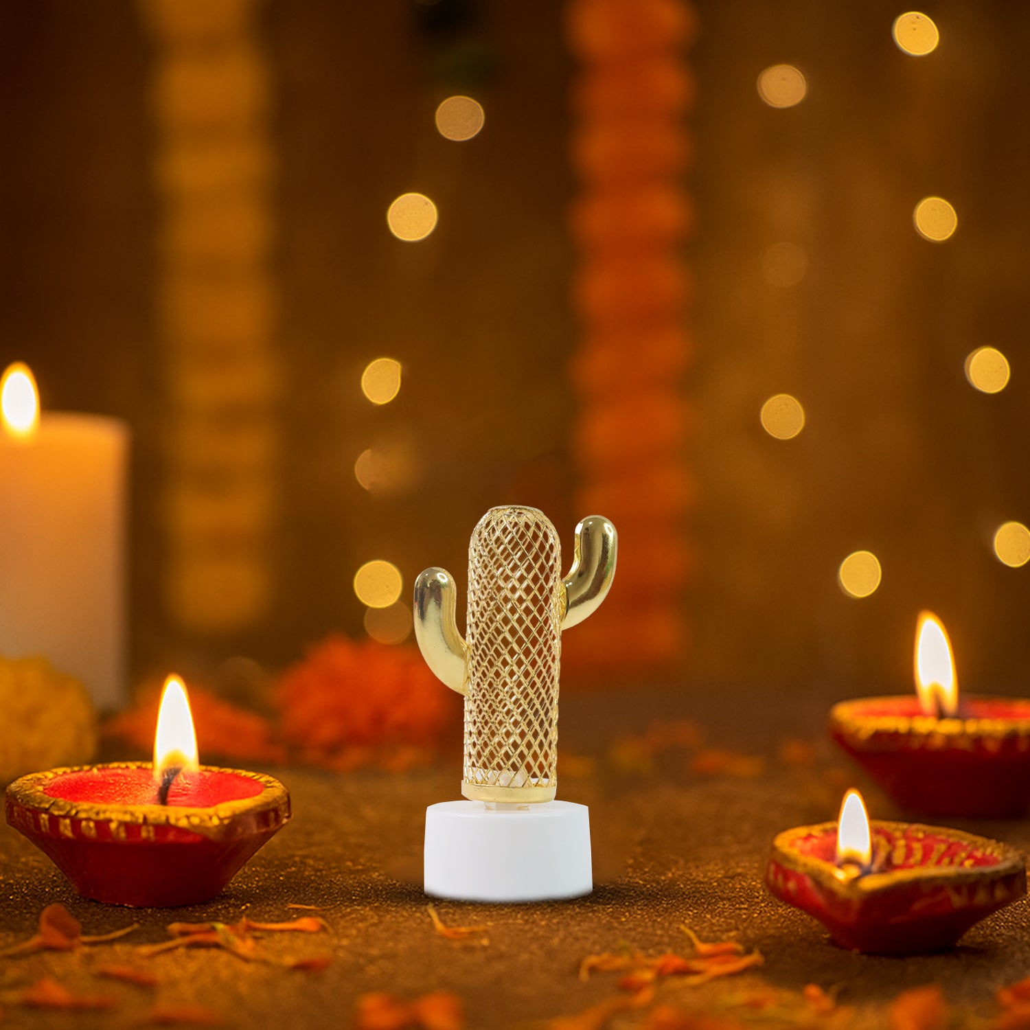 Set of 12 Wukusy decorative cactus-shaped flameless LED candles for home decor, featuring warm, flickering light effects.
