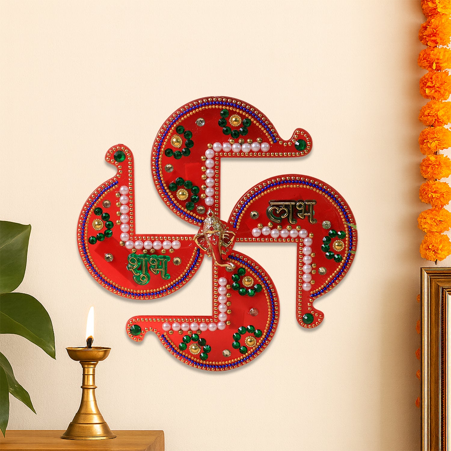 Acrylic Swastik Shubh Labh wall hanging decor with intricate design, ideal for home decoration, by Wukusy.