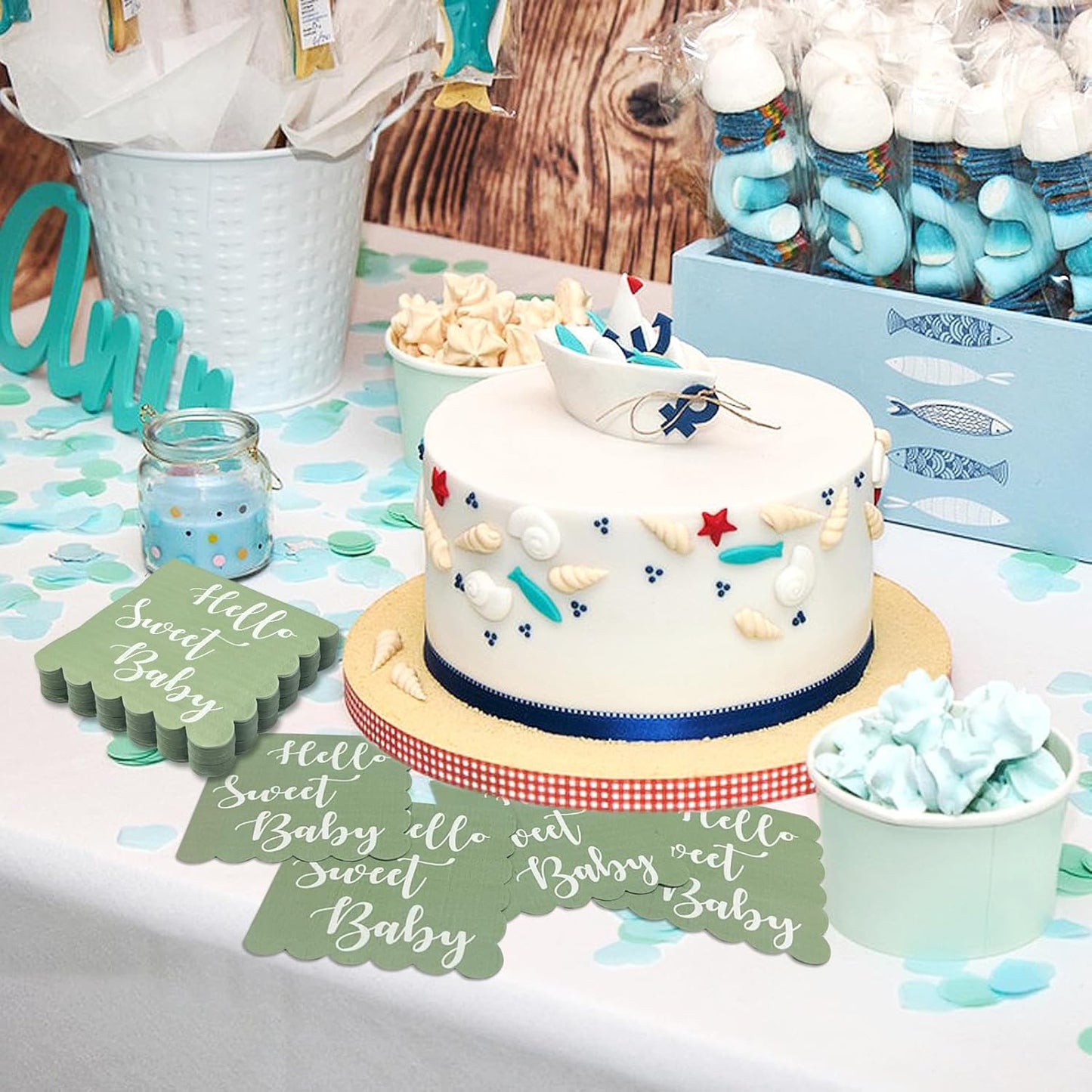 Wukusy Hello Sweet Baby party paper napkins, 6-pack, 31x31 cm, featuring cute baby-themed designs for celebrations.