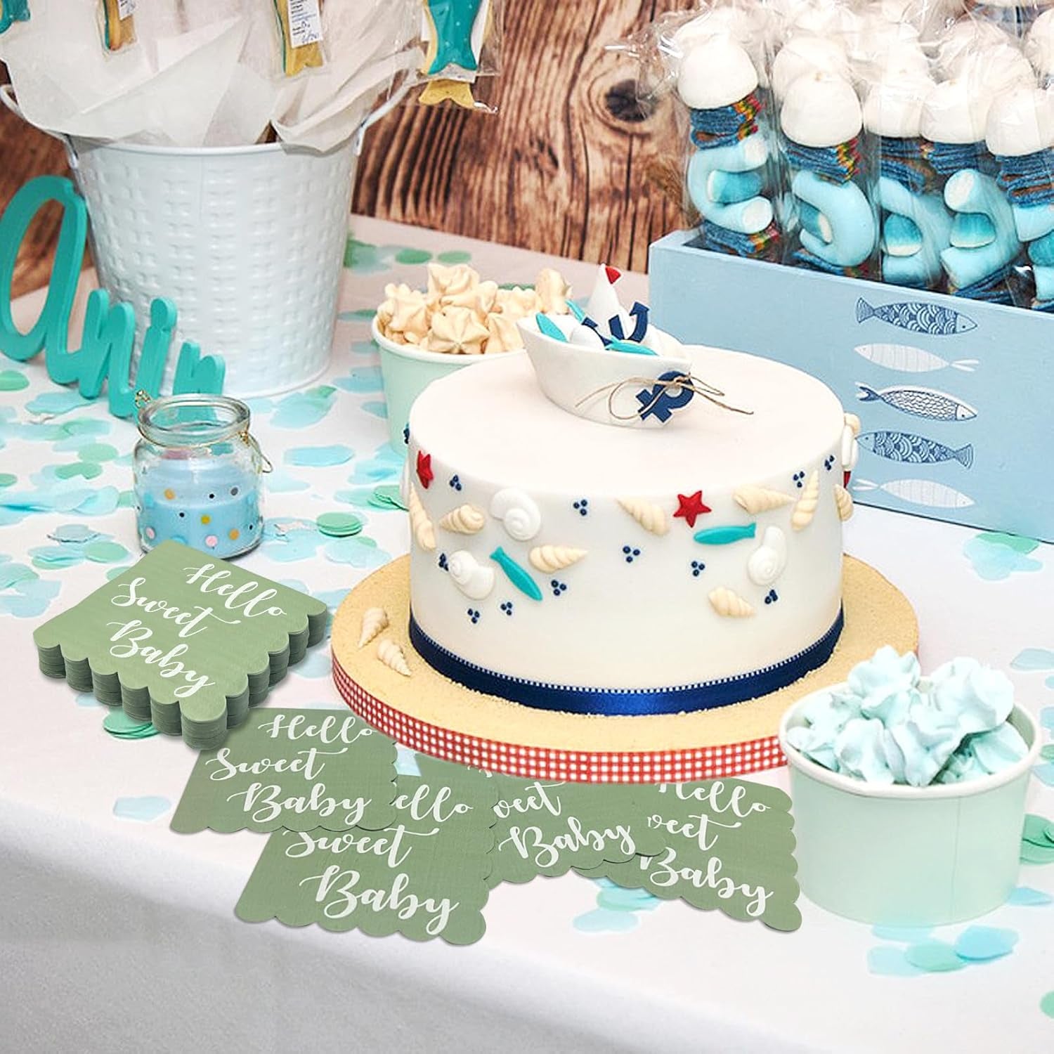 Wukusy Hello Sweet Baby party paper napkins, 6-pack, 31x31 cm, featuring cute baby-themed designs for celebrations.
