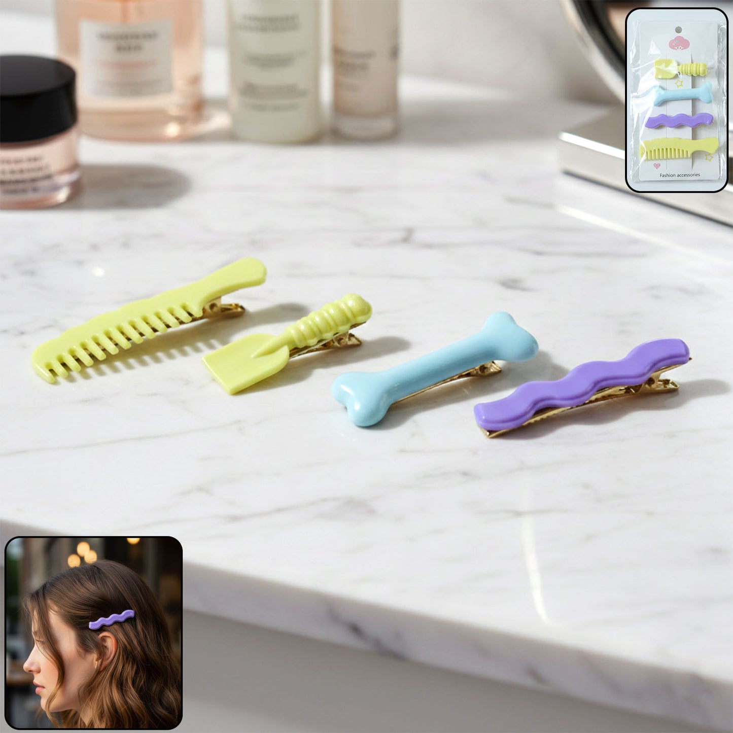 Set of four Wukusy decorative alligator hair clips for girls and women, featuring cute styling pins in colorful designs.