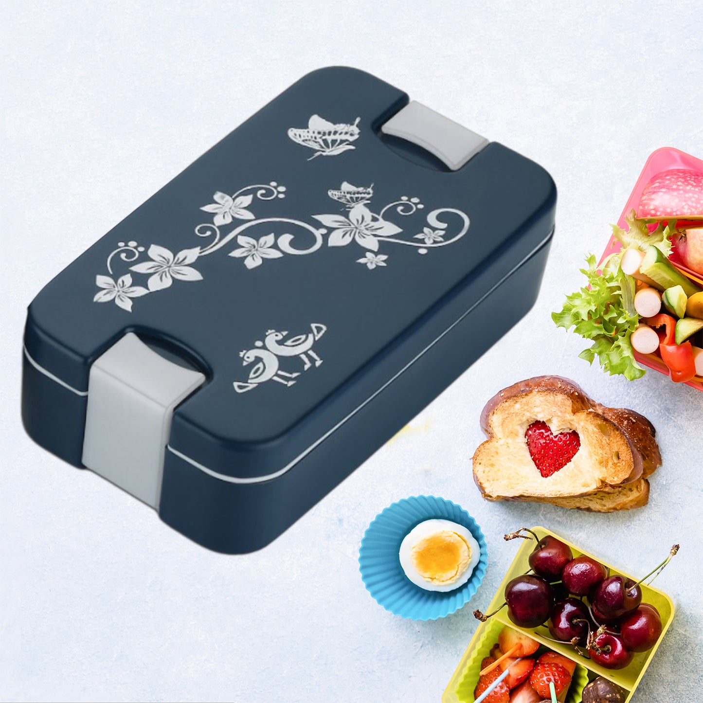 Wukusy 5331 airtight lunch box with two compartments, leak-proof, food-grade material, modern design, includes a spoon.