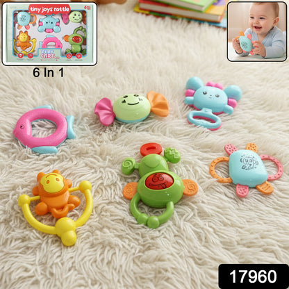 Wukusy Tiny Joys 6-in-1 baby rattle toy set featuring colorful, textured rattles for infants to grasp and shake.