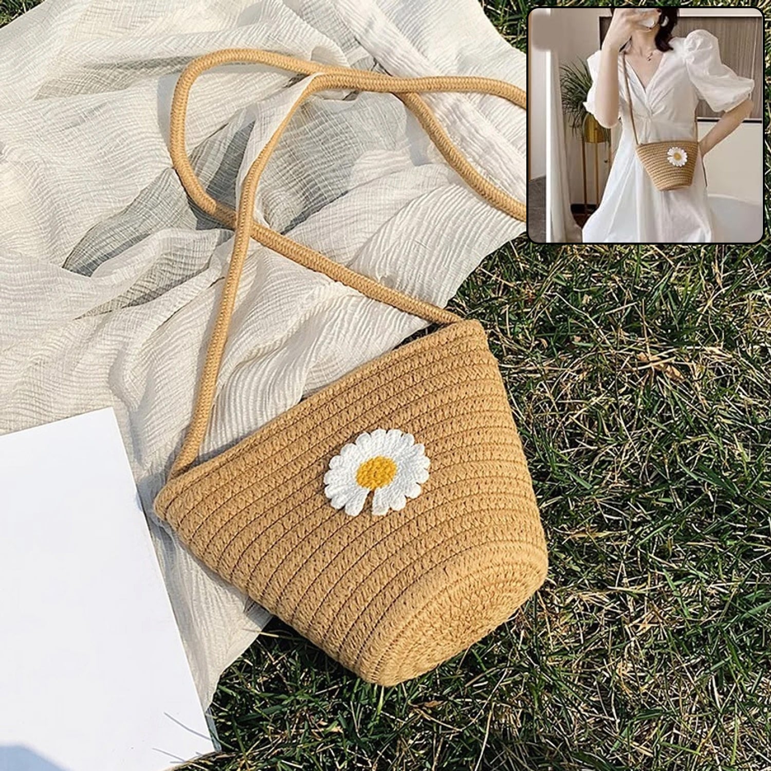Wukusy stylish jute crossbody sling bag with a 17x23 cm size, featuring natural woven texture and adjustable strap.