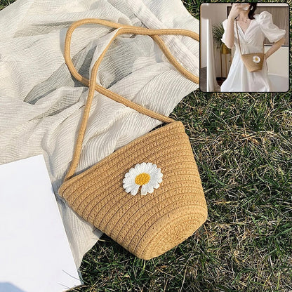 Wukusy stylish jute crossbody sling bag with a 17x23 cm size, featuring natural woven texture and adjustable strap.