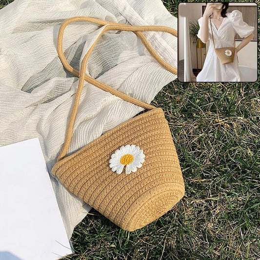 Wukusy stylish jute crossbody sling bag with a 17x23 cm size, featuring natural woven texture and adjustable strap.
