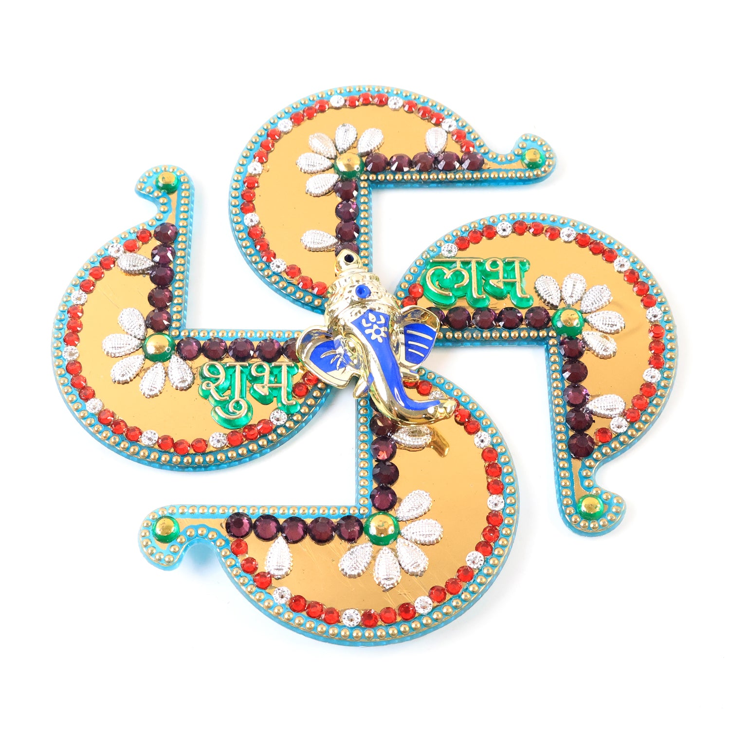 Golden Swastik Shubh Labh wall hanging with Ganesh idol for home decor, traditional Indian ornament from Wukusy.