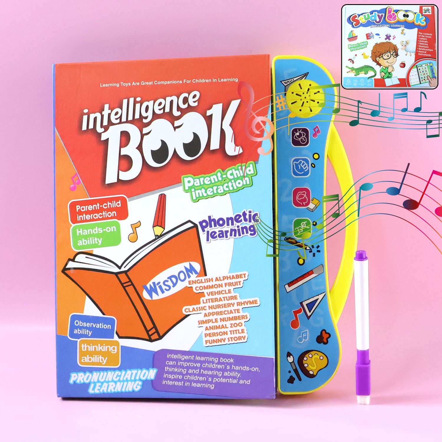 Wukusy Interactive Intelligence Learning Book with Sound Phonics, open pages showing colorful educational content and phonics exercises