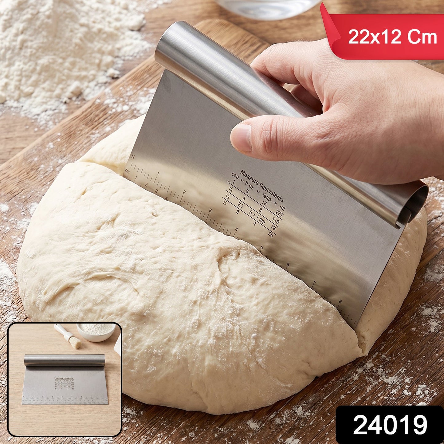 Wukusy stainless steel dough scraper cutter with scale, 22 x 12 cm, showing the tool with a handle and measurement markings.