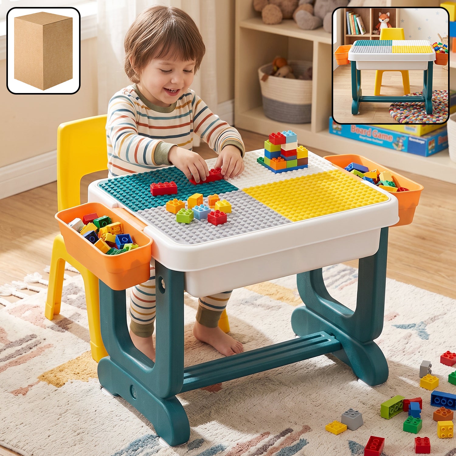 Wukusy kids building block activity table and chair set with storage bins, featuring colorful wooden furniture for play and organization