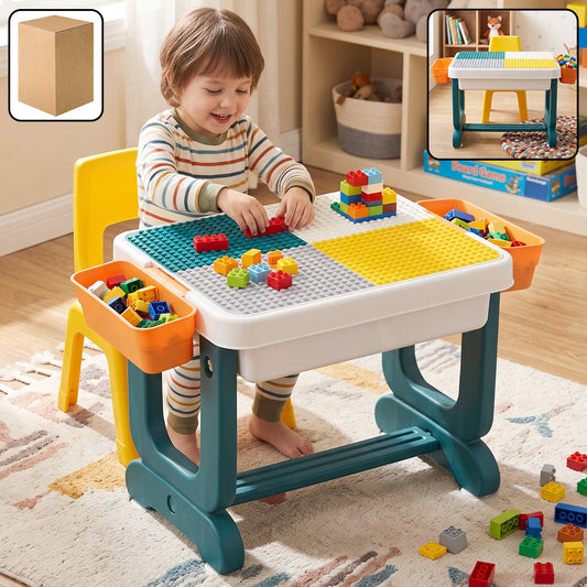Wukusy kids building block activity table and chair set with storage bins, featuring colorful wooden furniture for play and organization
