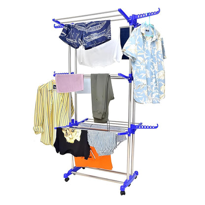 Wukusy foldable stainless steel clothes drying stand rack with multiple hanging bars for laundry drying.