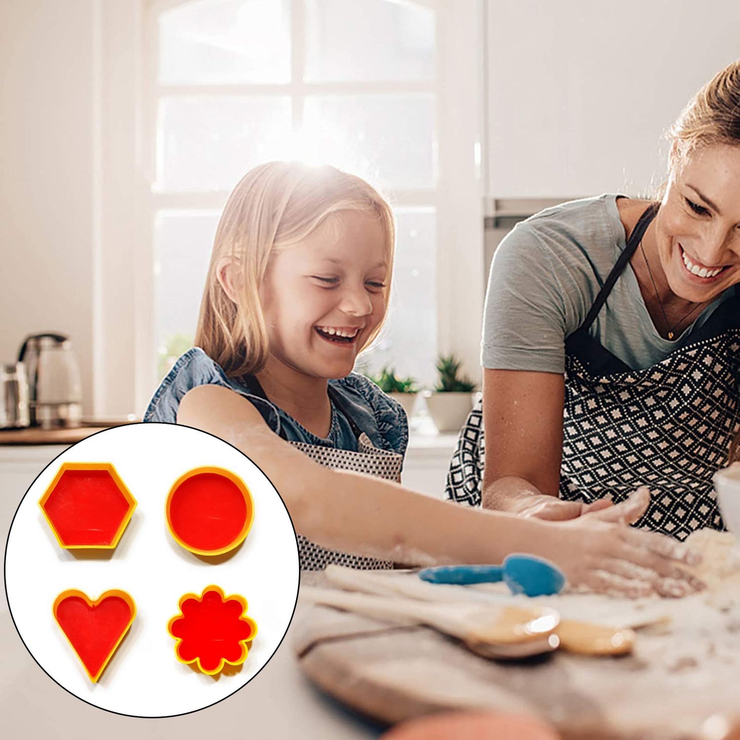 Wukusy 4-pack kitchen cookie cutters with heart, round, star, and flower shapes for baking and cookie decorating.