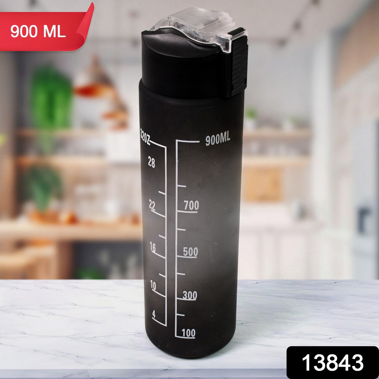 Black plastic Wukusy motivational water bottle with straw, 900 ml capacity, featuring a sleek design and ergonomic shape.