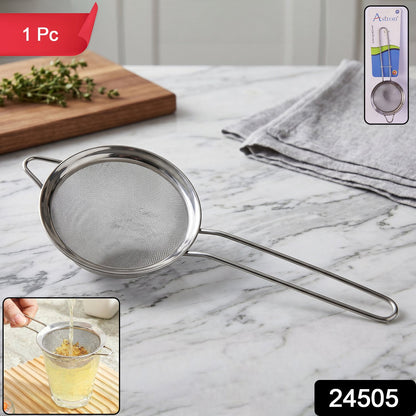 Wukusy stainless steel tea strainer with fine mesh and long handle, ideal for brewing loose leaf tea in the kitchen.
