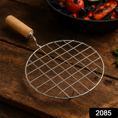 Wukusy stainless steel round kitchen roaster with wooden handle, ideal for grilling papad and barbeque in the kitchen.