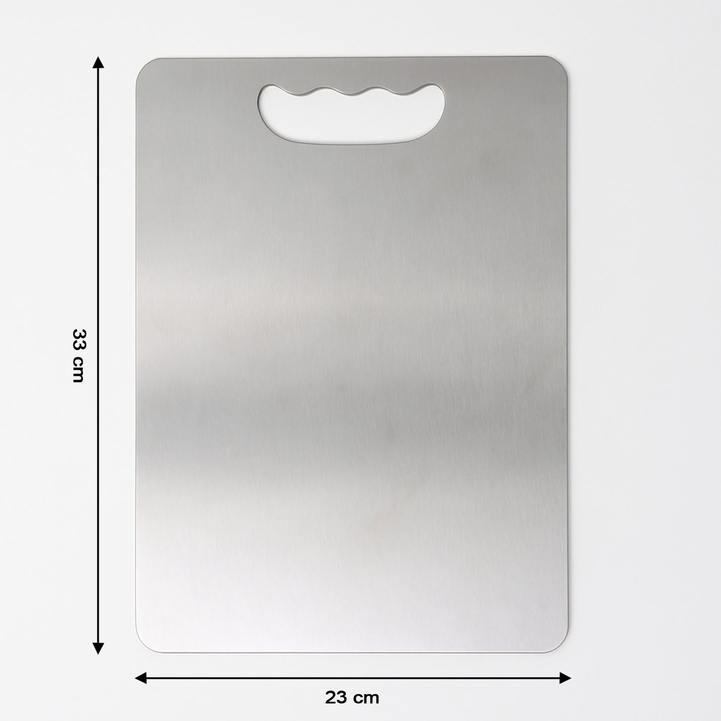 Wukusy Supermom Medium Stello stainless steel chopping board for kitchen food prep on a countertop.