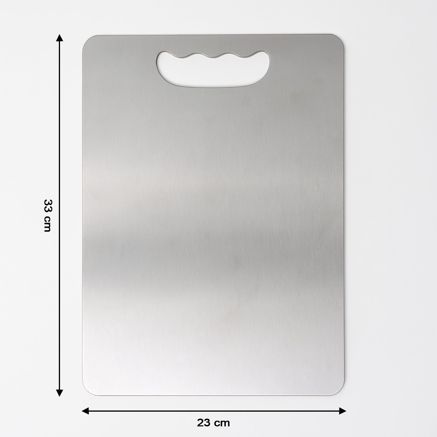 Wukusy Supermom Medium Stello stainless steel chopping board for kitchen food prep on a countertop.