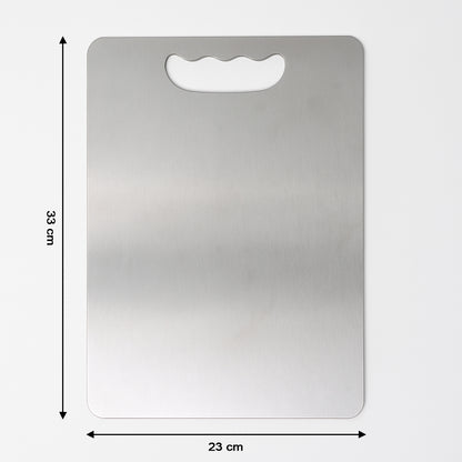 Wukusy Supermom Medium Stello stainless steel chopping board for kitchen food prep on a countertop.