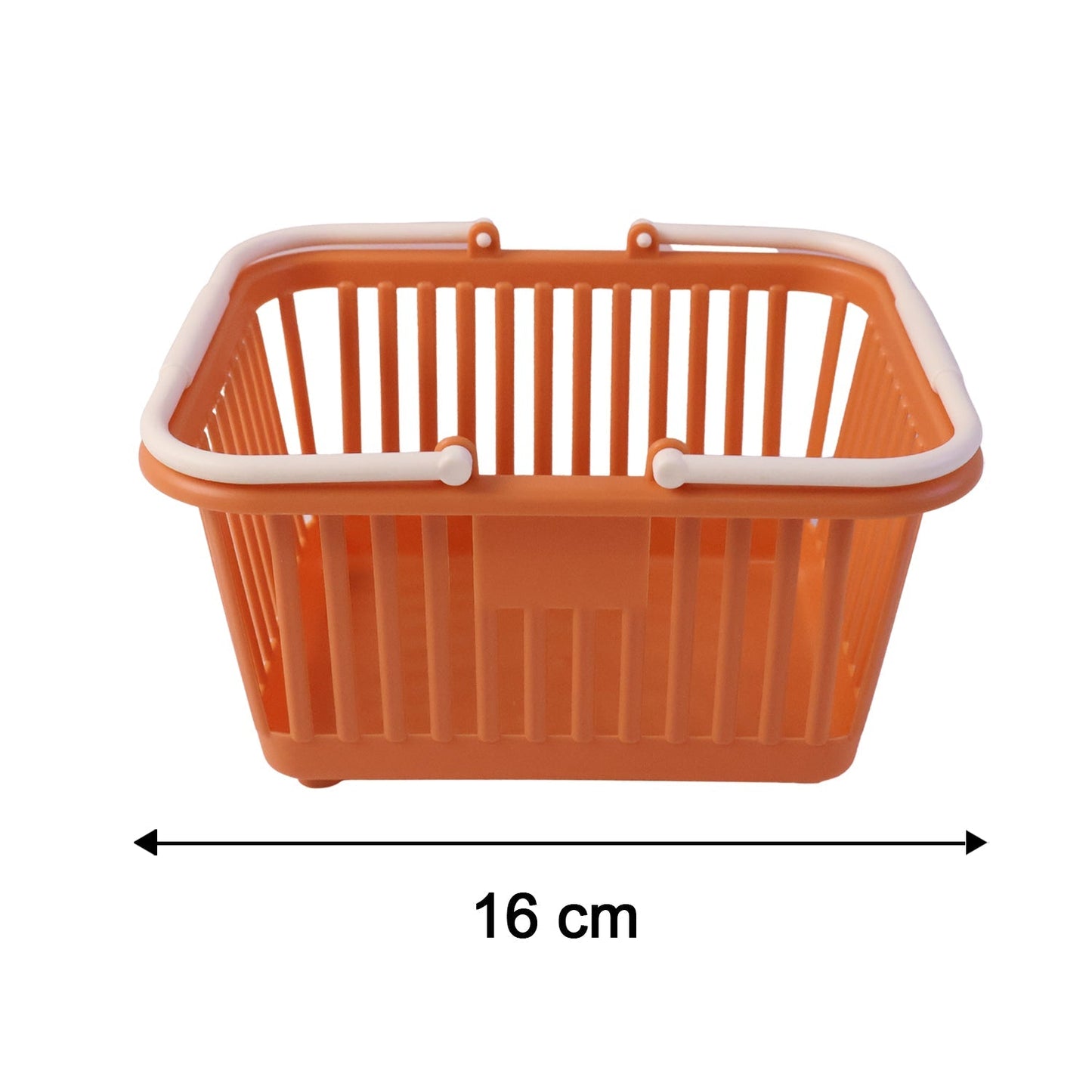Wukusy plastic storage basket with foldable handles for fruits, vegetables, and groceries, shown with items inside.