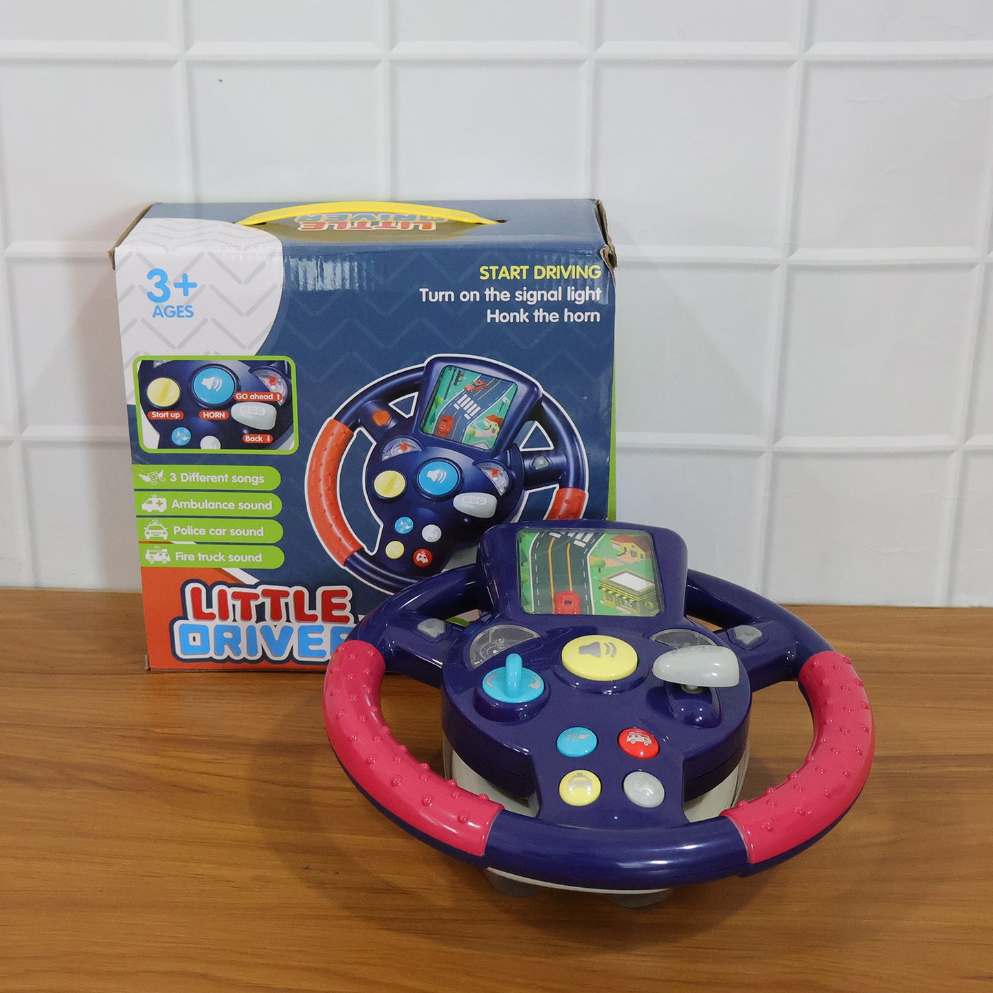 Wukusy musical steering wheel driving toy for kids, featuring colorful buttons and playful design for interactive fun.