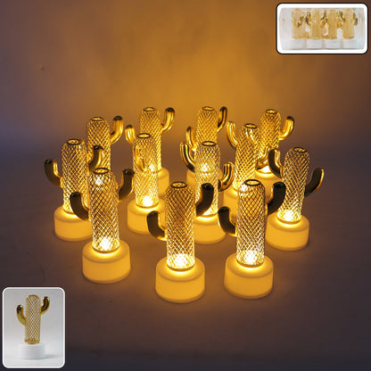 Set of 12 Wukusy decorative cactus-shaped flameless LED candles for home decor, featuring warm, flickering light in a cactus design.