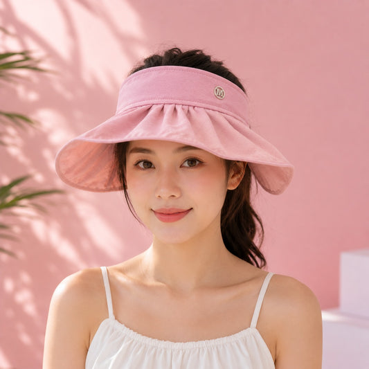 Wukusy women's wide brim sun visor cap with adjustable strap, shown in a summer-friendly random color, designed for sun protection.