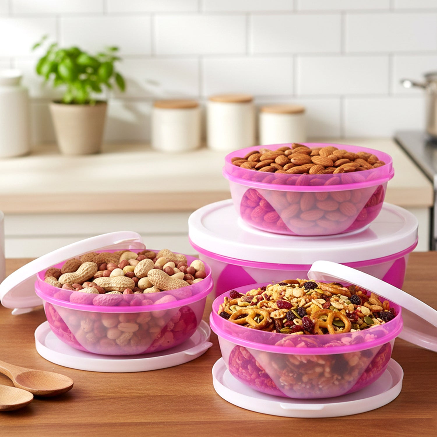 Set of three Wukusy plastic storage containers with secure lids, ideal for pantry organization and food storage.