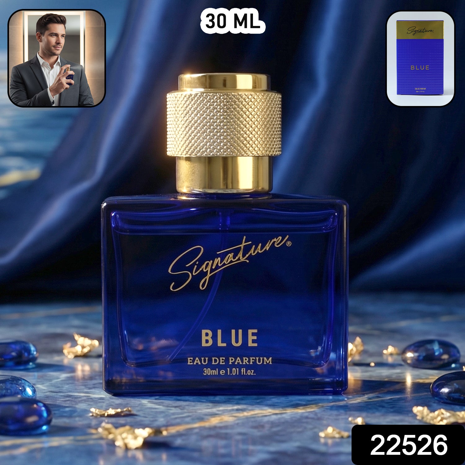 Wukusy Signature Premium Blue Eau De Perfume 30ml bottle with elegant packaging and blue perfume liquid inside.