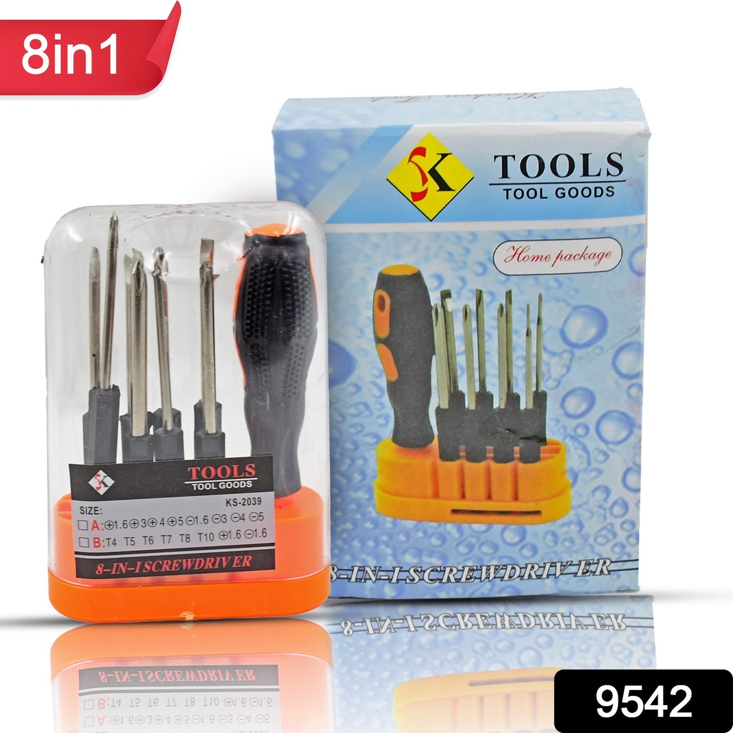 Wukusy 8-in-1 screwdriver set with multiple screwdriver heads and a compact handle, ideal for hardware and DIY repair tasks.