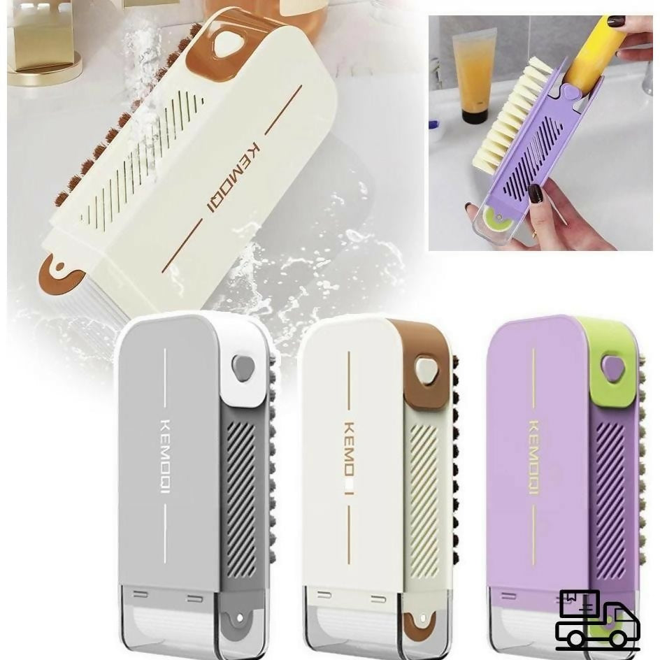 Wukusy liquid dispensing cleaning brush with built-in soap dispenser, colorful handle for home kitchen or bathroom cleaning.