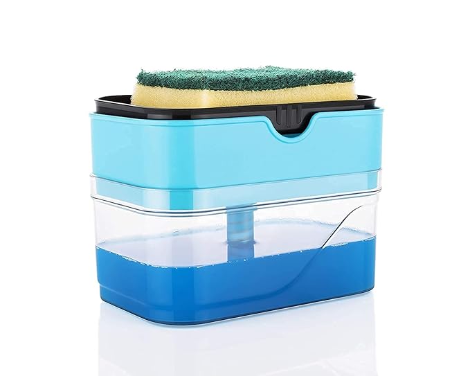 Multicolor plastic soap dispenser for kitchen and sponge holder, ideal for dishwashing and dish sink use with instant refill capability.