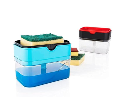 Multicolor plastic soap dispenser and sponge holder for kitchen sink, with dishwasher liquid refill, durable and functional.