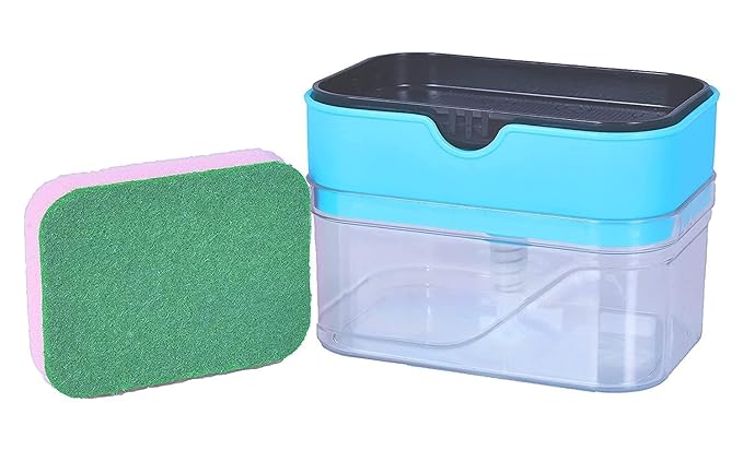 Multicolor plastic soap dispenser for kitchen sink and sponge holder, with instant refill feature and durable design.