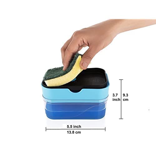 Multicolor plastic soap dispenser and sponge holder for kitchen sink, dishwasher liquid refill, durable and easy to use.
