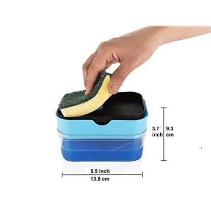 Multicolor plastic soap dispenser and sponge holder for kitchen sink, dishwasher liquid refill, durable and easy to use.